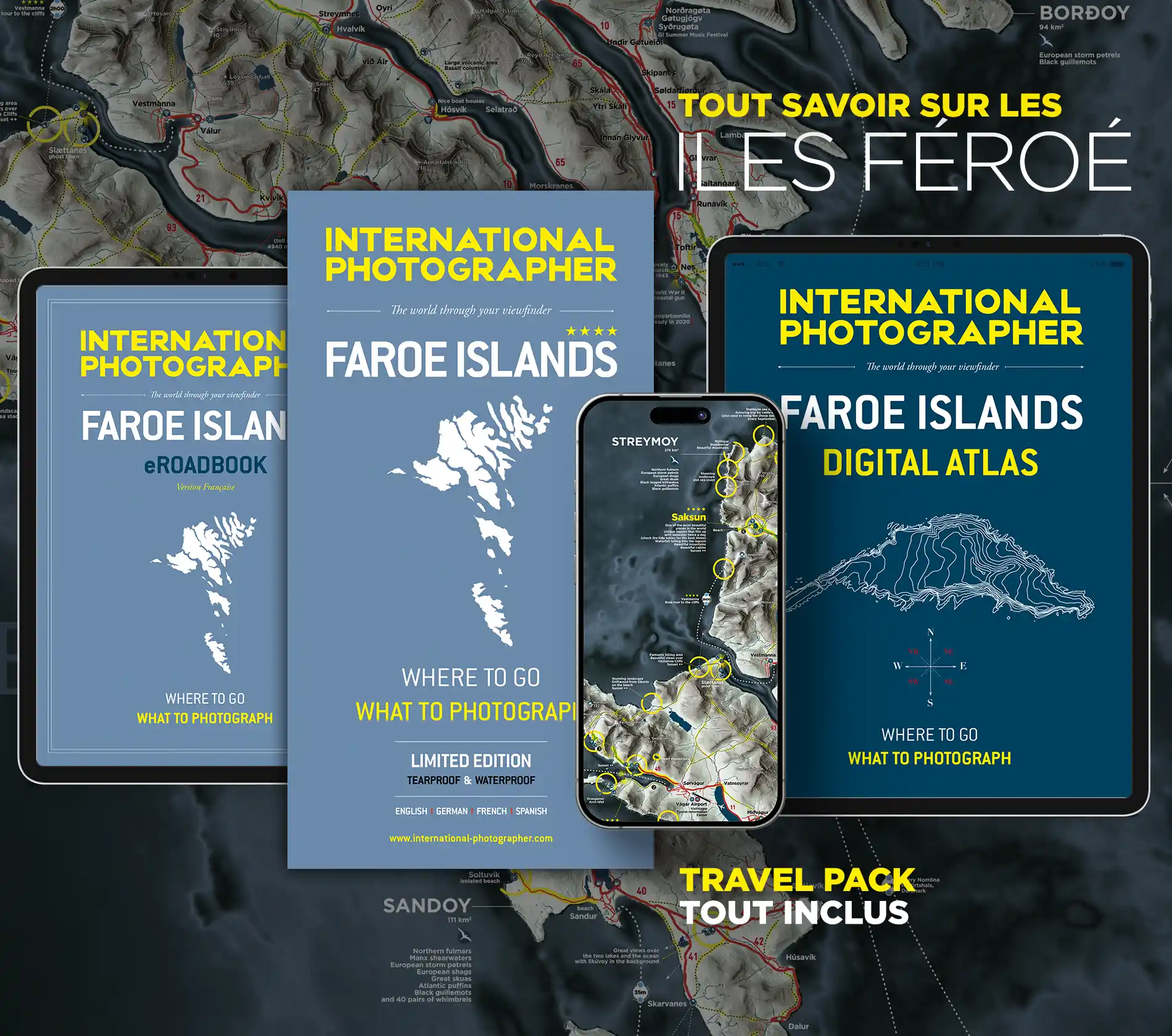 Travel Pack des Îles Féroé qui contient une carte imprimée plus un guide sous format ebook et un atlas digital des Iles Féroé aussi sous format ebook